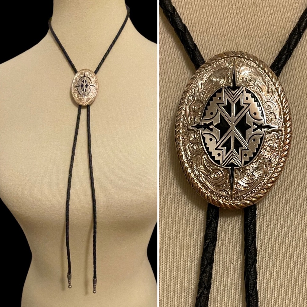 Vintage SouthWestern Style Gold & Silver plated Bolo Tie Ivan Taiwan